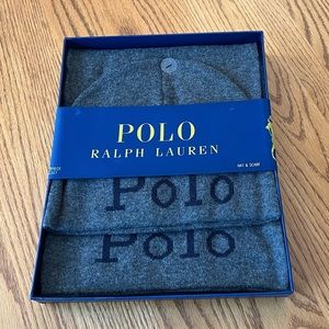 NIB Polo by Ralph Lauren Grey/Navy 2-Piece Hat & Scarf Set